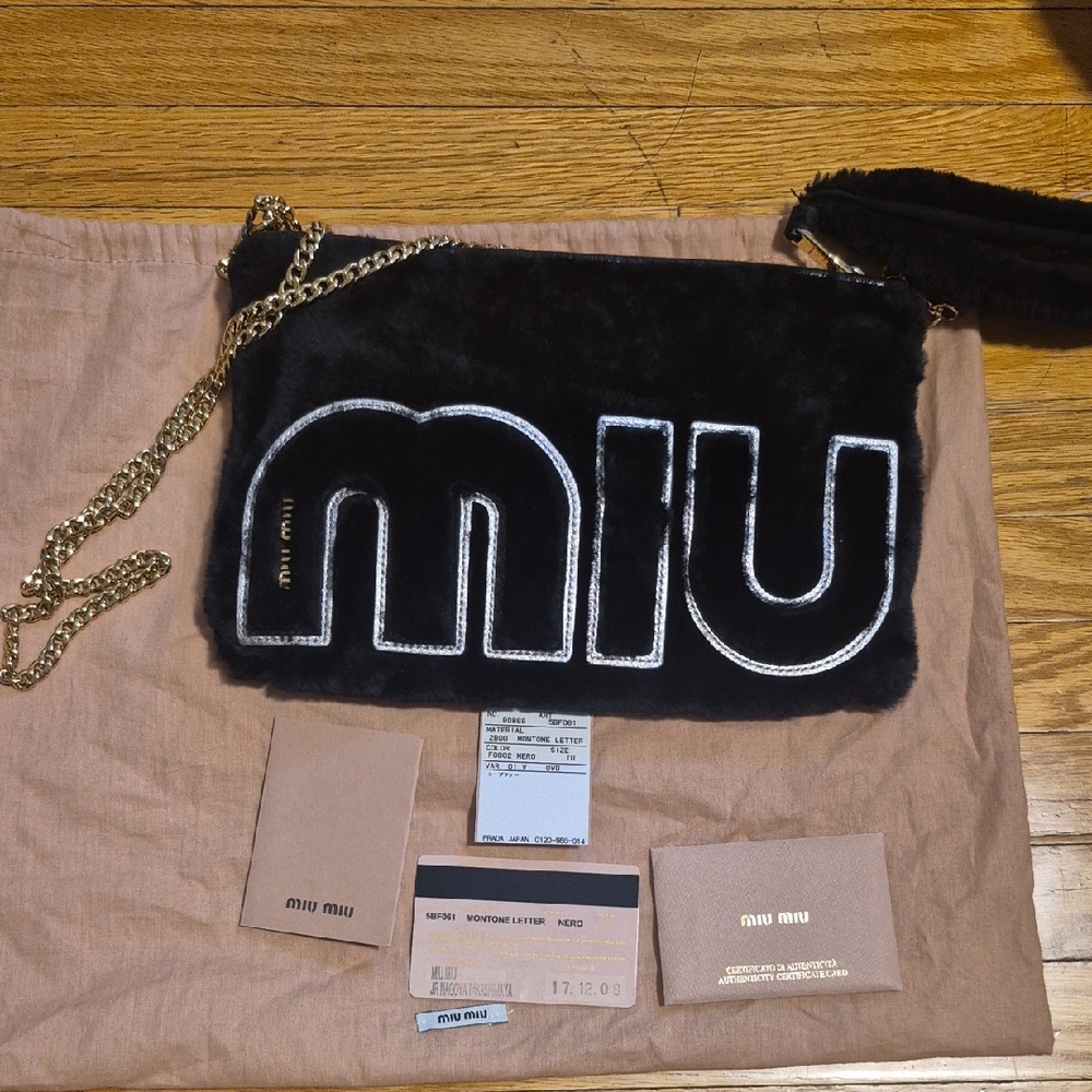 Miu Miu Black Fur Bag with Gold Chain